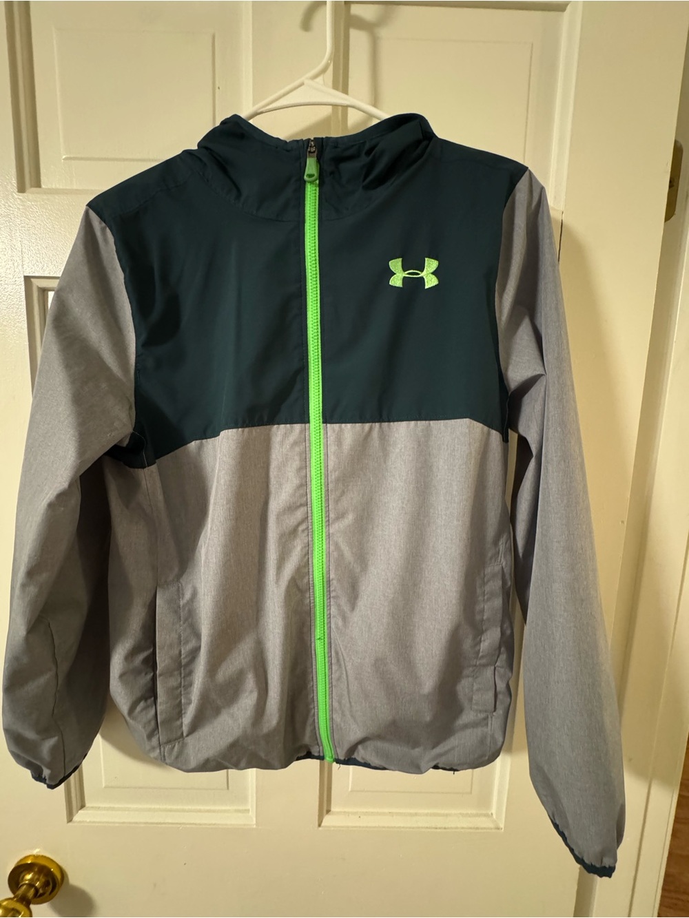 Boys Under Armour Hooded Rain Jacket in Gray & Dark Teal with Lime Accents L